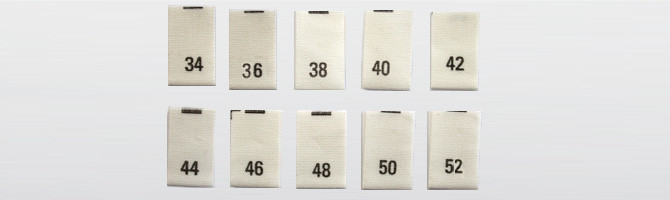 Algodón orgánico blanco roto - etiquetas de tallas 34 a la 52 impresas